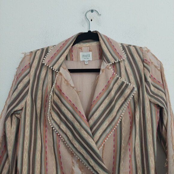 HEMANT & NANDITA Women's Striped Beige Multicolor Double Breasted Jacket Size S - Picture 2 of 10